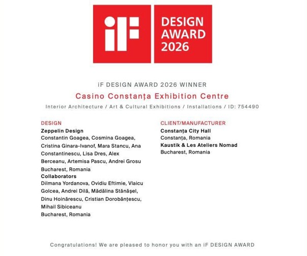 proiectul de amenajare a centrului expozitional din interiorul cazinoului din constanta premiat la if design award 2026 699dcde7719a2